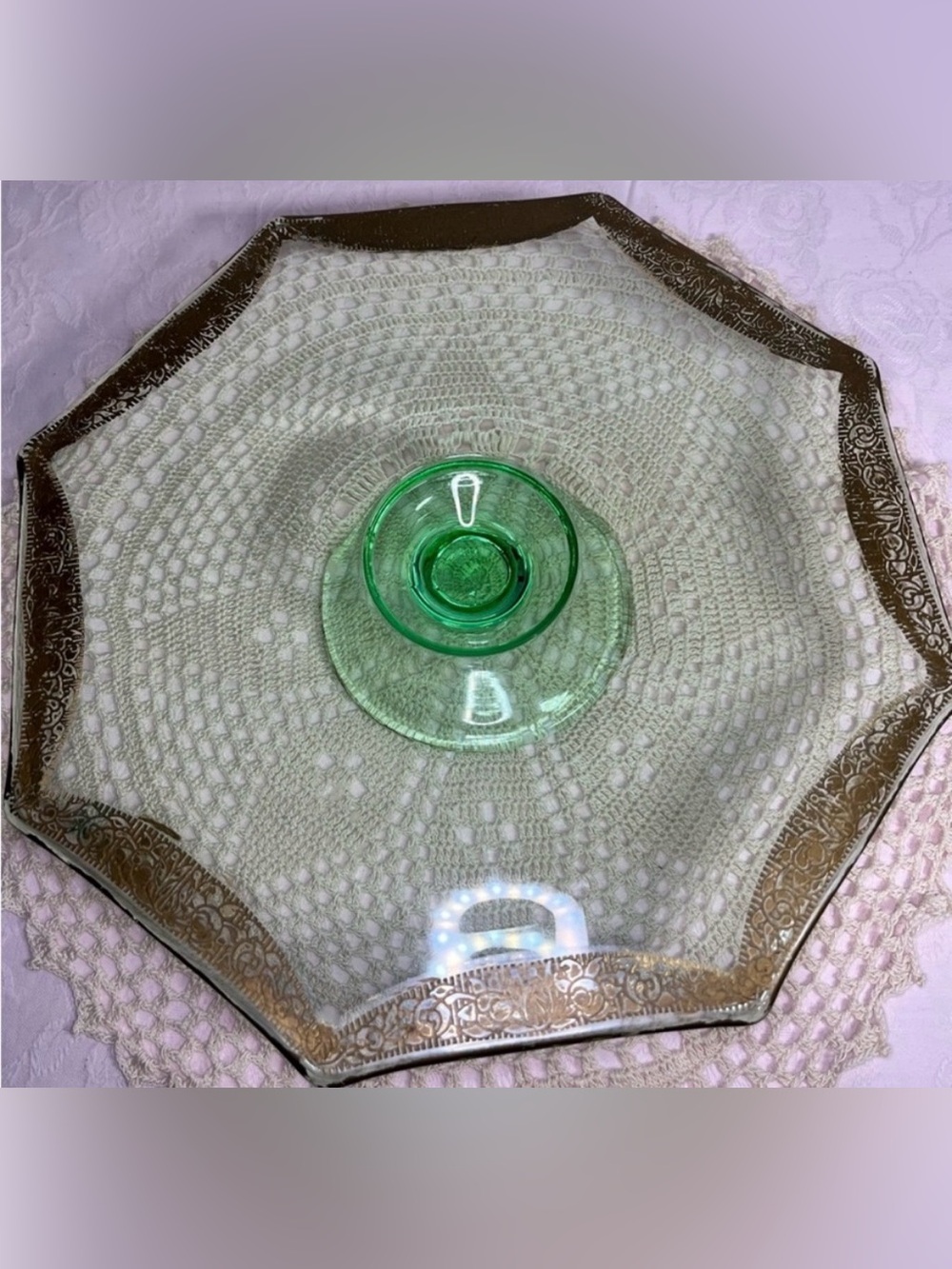 Vintage Tiffin Franciscan Green Octagon Cake Stand Gold Rambler Rose Pedestal
